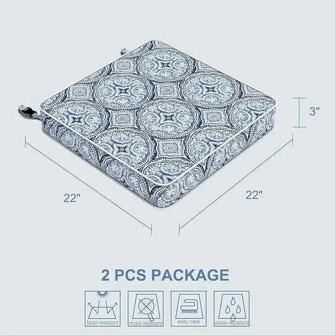 LVTXIII Patio Chair Cushions 22"x22"x3", Water-Repellent Outdoor Seat Cushions for Patio Furniture, Square Chair Pads with Ties for Home Garden Decoration, Set of 2, Medallion Blue by GreenHaven Gardens