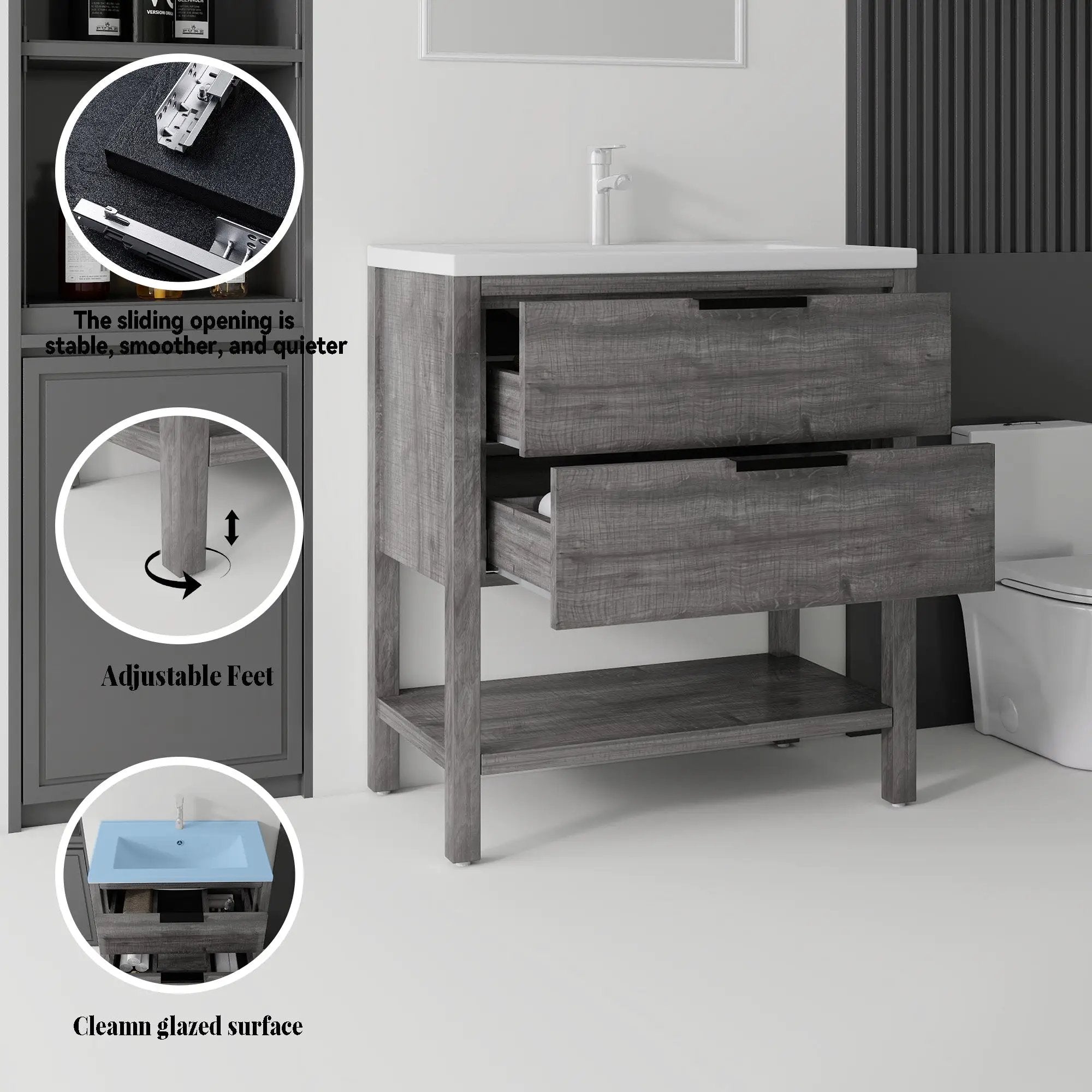 36 Inch Freestanding Bathroom Vanity with Sink, Soft-Close Drawer, Ceramic Sink, Plywood by HouseOfZazla