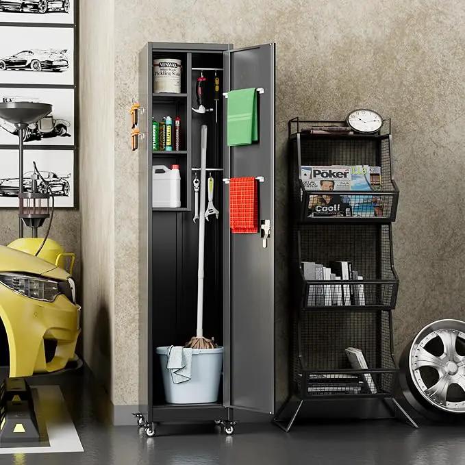 72''H Metal Broom Closet Storage Cabinet with Wheels & Pegboards, Mops Broom Closet Organizer with Locking Door & Hanging Rod,Cleaning Tool Garage Storage Cabinet,Assembly Required,Black by GreenHaven Gardens