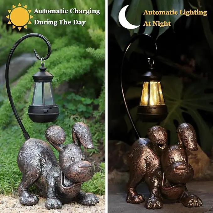 Laughing Dog Figurine with Solar-Powered LED Light 15.9 Inches Tall Antique Bronze, Perfect for Gift Garden Decor or Housewarming for Dog Lovers by GreenHaven Gardens