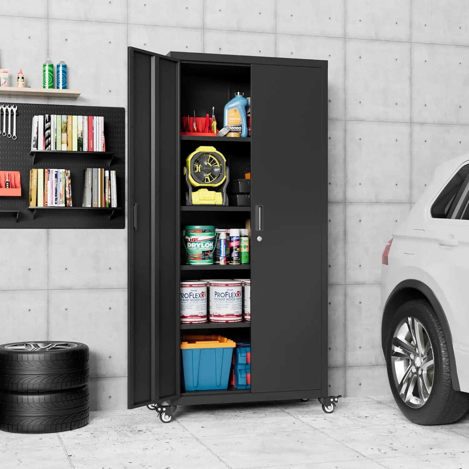 73" H Metal Garage Storage Cabinet with Wheels,Rolling Tool Storage Cabinet with 2 Doors and 4 Adjustable Shelves for Garage,Home,Office,Warehouse,Workshop, Required-Assembly,Black by GreenHaven Gardens