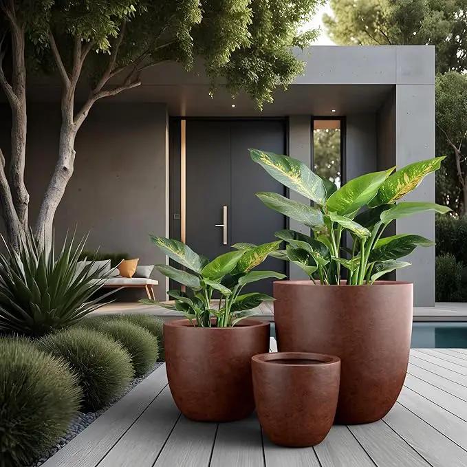 Kante 18",14",10" Dia Concrete Round Planters (Set of 3), Outdoor Indoor Large Planter Pots with Drainage Hole and Rubber Plug for Home Patio Garden, Rusty by GreenHaven Gardens