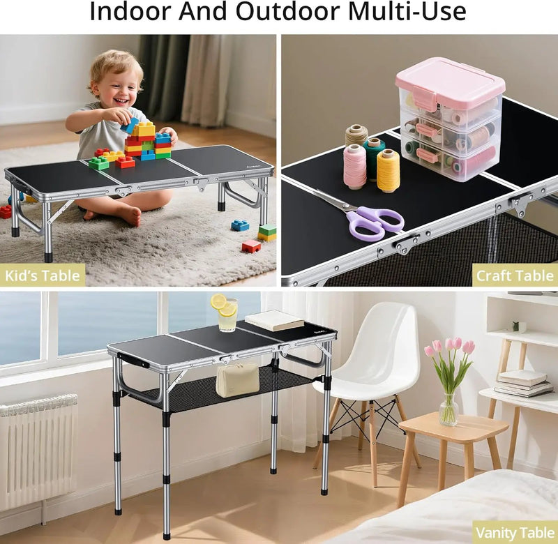 Folding Camping Table with Storage Net, 3ft Camping Table Aluminum Folding Table with 3 Adjustable Height Max 27.1 Inch Picnic Table Portable Table for Outdoor Backyard BBQ, Black by GreenHaven Gardens