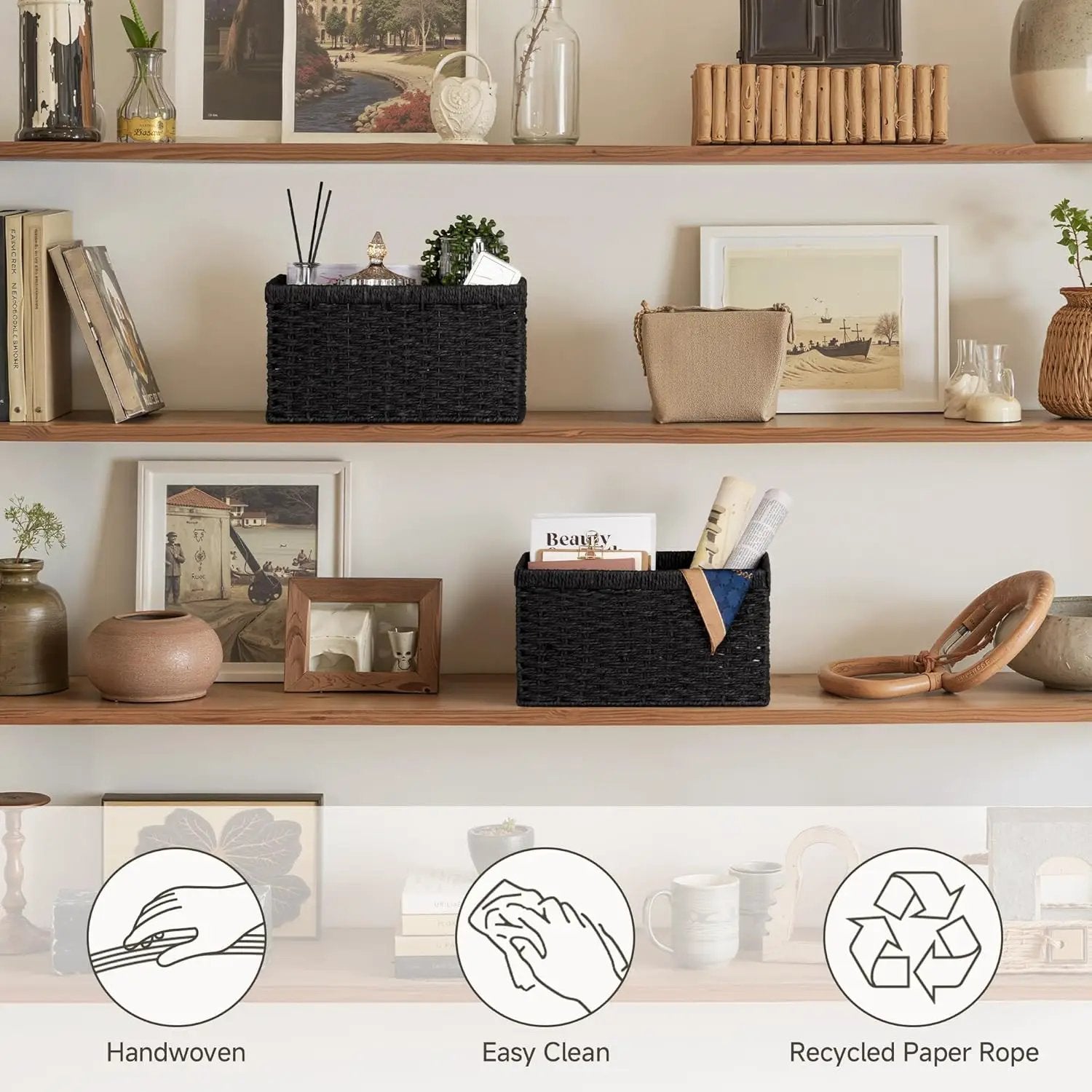 StorageWorks Pantry Baskets, Wicker Storage Baskets for Organizing, Bathroom Shelves, Pantry Organizers and Storage, Medium, Black, 2-Pack by GreenHaven Gardens