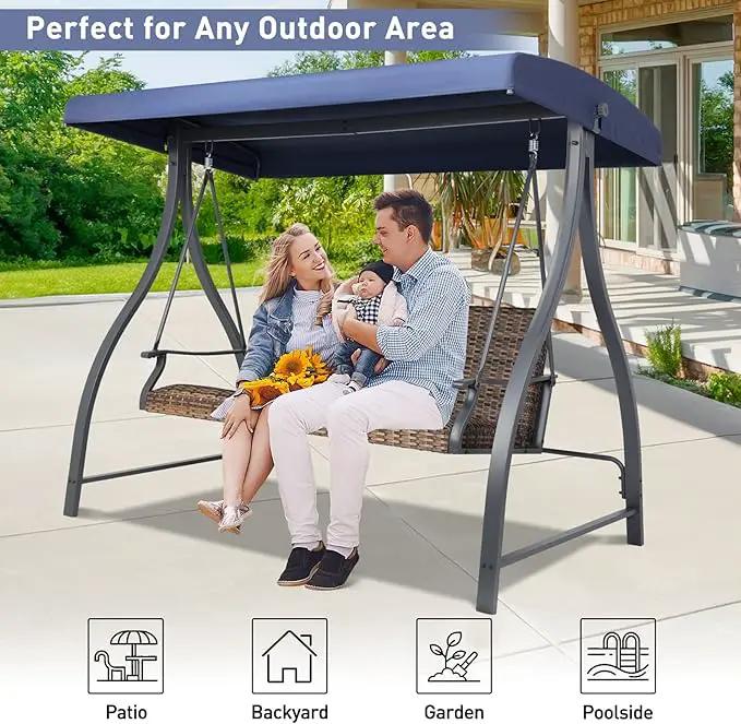 BPS 3 Seat Outdoor Porch Swing with Adjustable Canopy, PE Wicker Patio Swing Chair with Quick-Drying Foam Seat, 882 LBS Capacity, Proch Swings for Deck, Backyard, and Lawn, Dark Blue by GreenHaven Gardens