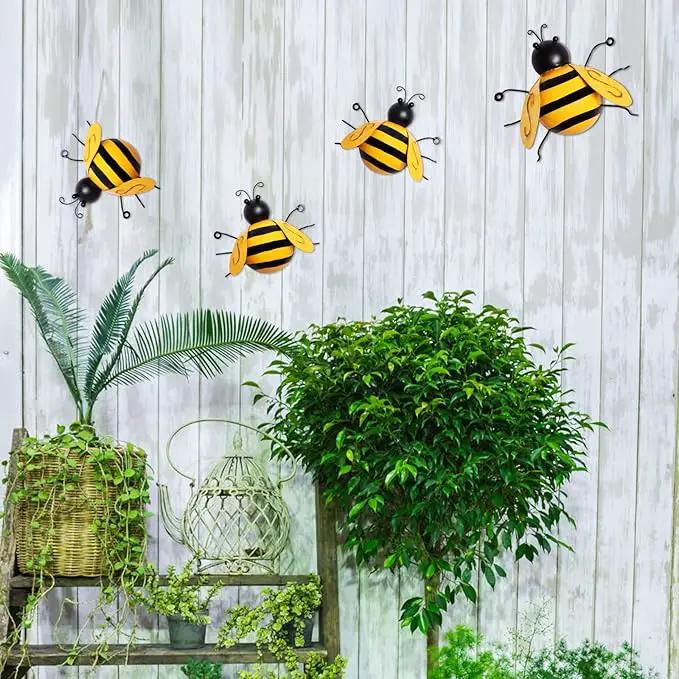 MorTime 4 Pack Metal Bee Wall Art Sculptures Garden Decorations, Hanging Bee Wall Decor Indoor Outdoor Garden Yard Lawn Decor by GreenHaven Gardens