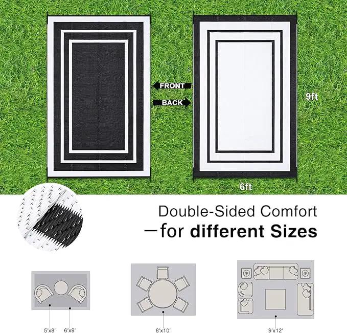 OLANLY Outdoor Rug 6x9 ft Waterproof, Reversible Outdoor Plastic Straw Rug, RV Mat, Indoor Outdoor Carpet Clearance for Patio, Camping, Balcony, Deck, Backyard, Black & White by GreenHaven Gardens