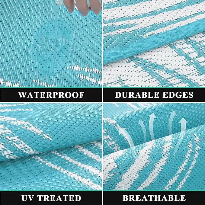 Pauwer Waterproof Outdoor Rug 8x10, Reversible Plastic Straw Patio Camping Rug, Indoor Outdoor RV Mat Carpet for Deck, Camper, Porch, Balcony, Backyard, Picnic, Leaf Teal by GreenHaven Gardens