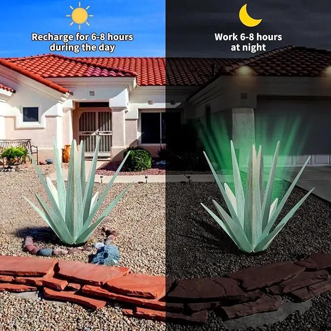 Large Tequila Rustic Sculpture, Rustic Metal Agave Plants for Outdoor Patio Yard, Home Decor Hand Painted Metal Agave Garden Yard Statue, Outdoor Lawn Ornaments (Mint Green - L (W/ Solar Light)) by GreenHaven Gardens