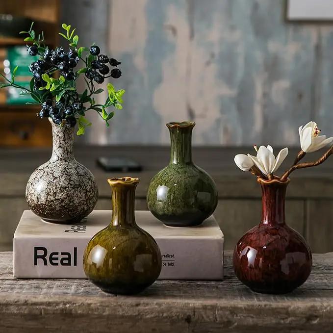 JOJUNO Glazed Rustic Bud Vase Set of 4 - Small Ceramic Mini Pottery Vases in White, Yellow, Green, Red - Ideal for Fresh & Dried Flowers - Modern Farmhouse Décor for Living Room, Shelves, Dining Table by GreenHaven Gardens