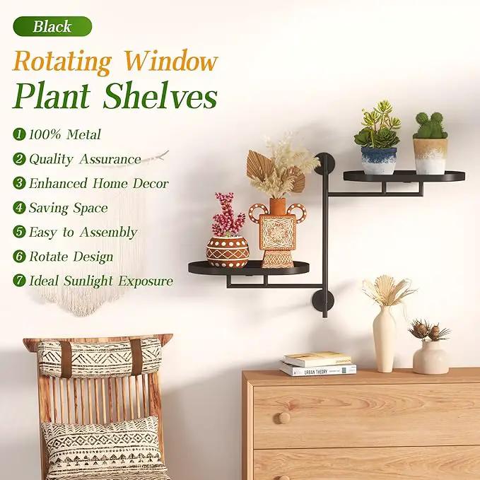 WIndow Rotating Plant Stand Shelf Indoor Black Metal Floating Shelves 2-Tier Wall Mount Plant Holders for Living Room Wall Planter Modern Home Decor for Gardening by GreenHaven Gardens