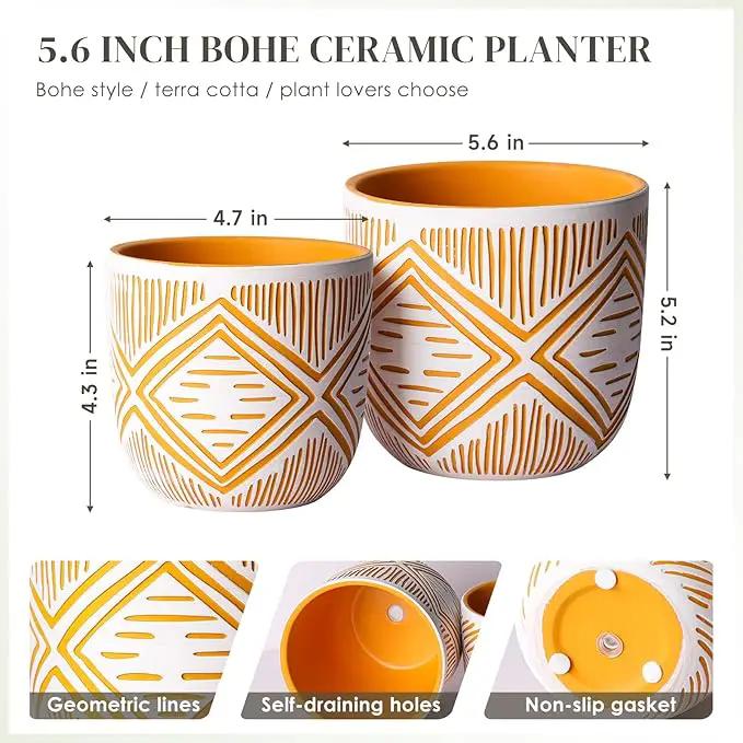 2 Boho Style Terra Cotta Pots, 6 Inch Yellow Plant Pots with Drainage Holes, Suitable for Indoor Plants Ferns,Vines, Succulents and Outdoor Plants Growing, a Gift for Plant Lovers by GreenHaven Gardens