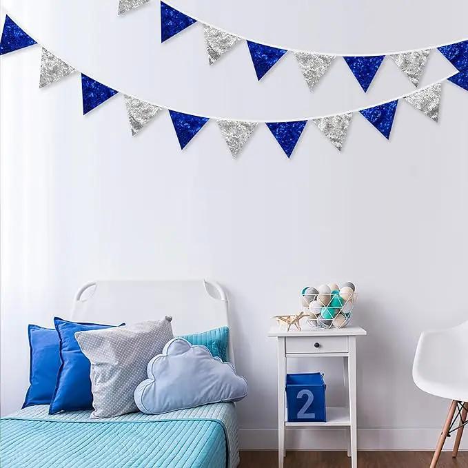 Pinkblume Silver Blue Double Sided Sequin Fabric Triangle Pennant Banner Flag Bunting Garland for Nautical Ahoy Anchor Theme Nursery Home Classroom Wall Decor by GreenHaven Gardens