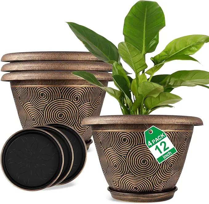 12 Inch Large Planter Pot for Plants Indoor Outdoor, 4 Pack Plastic Flower Pots with Drainage Hole & Tray, Modern Decorative Garden Pot with Saucer, Plant Container for House by GreenHaven Gardens