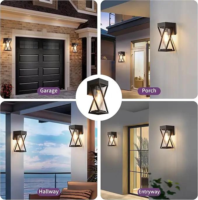 Outdoor Wall Lights Set of 2, Exterior Sconce Lighting Fixtures, Black Outdoor Porch Lights, Outdoor Wall Lantern with Clear Stripe Glass for Patio, Garage by GreenHaven Gardens