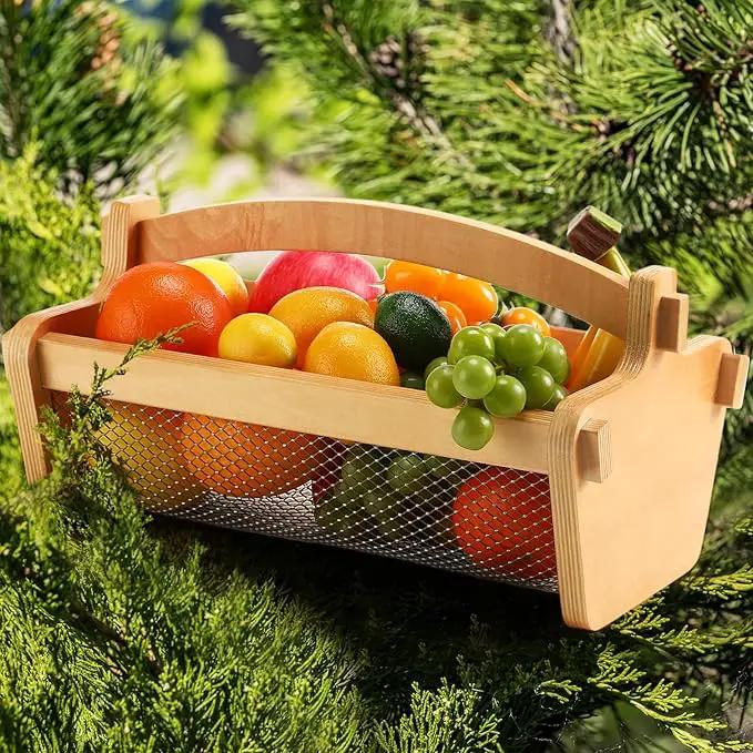 Garden Harvest Basket Mesh Storage with Handle Versatile Gardening Fruits Vegetables Gathering Basket Garden Supply Gardener Gift Spring for Washing Holding (Wood Color,13.4in) by GreenHaven Gardens