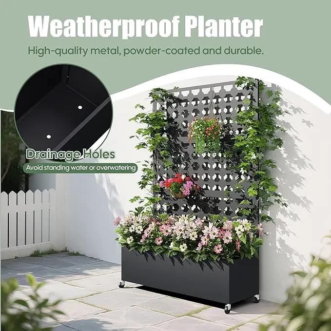 Metal Planter Box with Trellis Privacy Screen, Raised Garden Bed with Dots Trellis & Wheels, Privacy Planters for Patio, Planter Box for Climbing Plants, Flower, 73"x 47"x 16", Black by GreenHaven Gardens