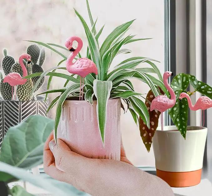 Mini Flamingos Figurines with Stakes - Set of 4 Small Flamingos Garden Gifts for Women Resin for Flower/Plant Pot Decorations - Miniature Fairy Garden by GreenHaven Gardens