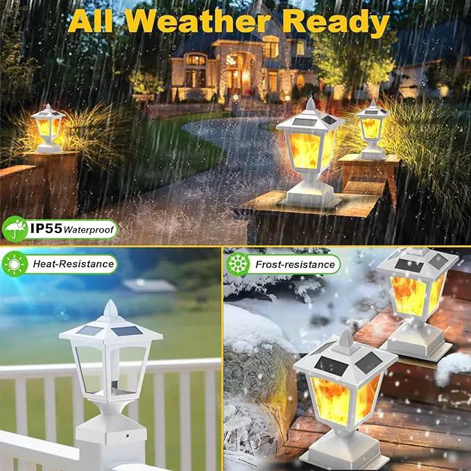 Solar Post Flame Light,Outdoor Deck Fence Post Cap LED Light,Waterproof 4x4 5x5 6x6 White Post Top Solar Powered Light with Flickering Flame for Garden Outside, 4 Pack by GreenHaven Gardens