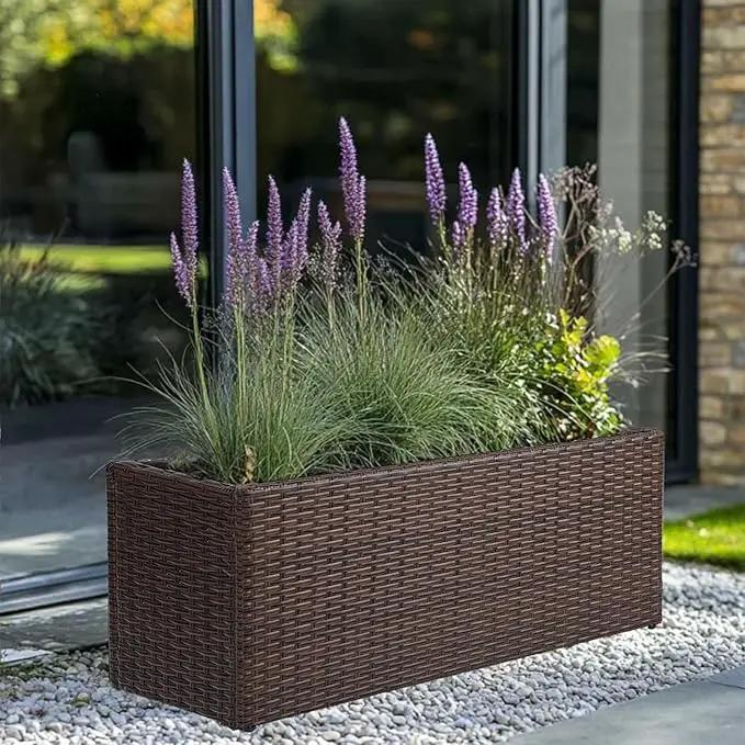 LEWIS&WAYNE Large Rectangular Block Planter Box Handmade Wicker Tall Planters for Outdoor Plants with Removable Liners Modern Planter for Indoor Outdoor Patio Deck - Brown, 30''x12''x16'' by GreenHaven Gardens
