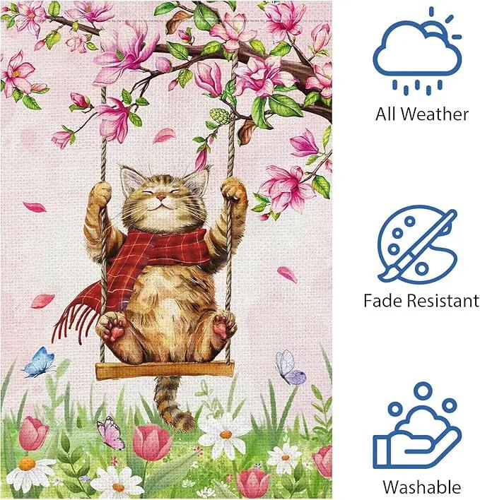 Heyfibro Spring Cute Cat Welcome Garden Flag 12x18 Inch Double Sided Burlap Butterfly Floral Yard Flag for Seasonal Holiday Farmhouse Outdoor Decor(ONLY FLAG) by GreenHaven Gardens