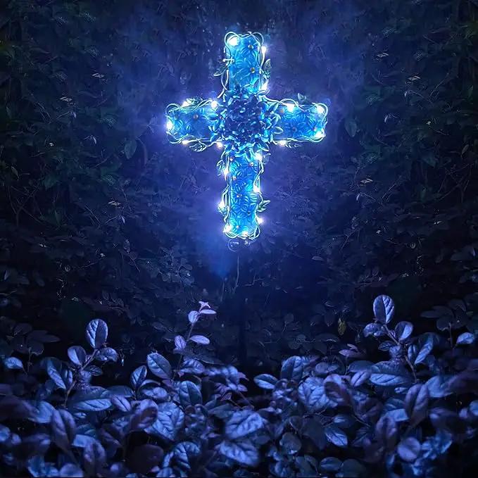 Solar Cross Garden Lights Outdoor Decorative - Solar Metal&Glass Cross Blue Hydrangea Flower Stake Lights- Waterproof 20 Warm White LED for Remembrance Gifts by GreenHaven Gardens