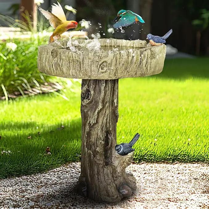 SunJet 24.4 Inch Heigh Wood-Look Concrete Bird Bath with Decorative Faux Bird – birdbath Rustic & Long-Lasting Design, Enhances Garden, Patio, Yard, Lawn Décor by GreenHaven Gardens