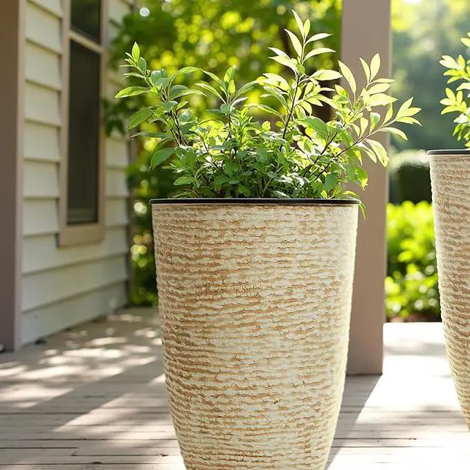 WORTH Garden 2-Pack 21" H. Beige Tall Planters with Inside Pots - 14'' Dia Plastic Large Round Plant Tree Pots - Decorative Imitation Stone Finish for Indoor Outdoor Front Porch Container Patio by GreenHaven Gardens