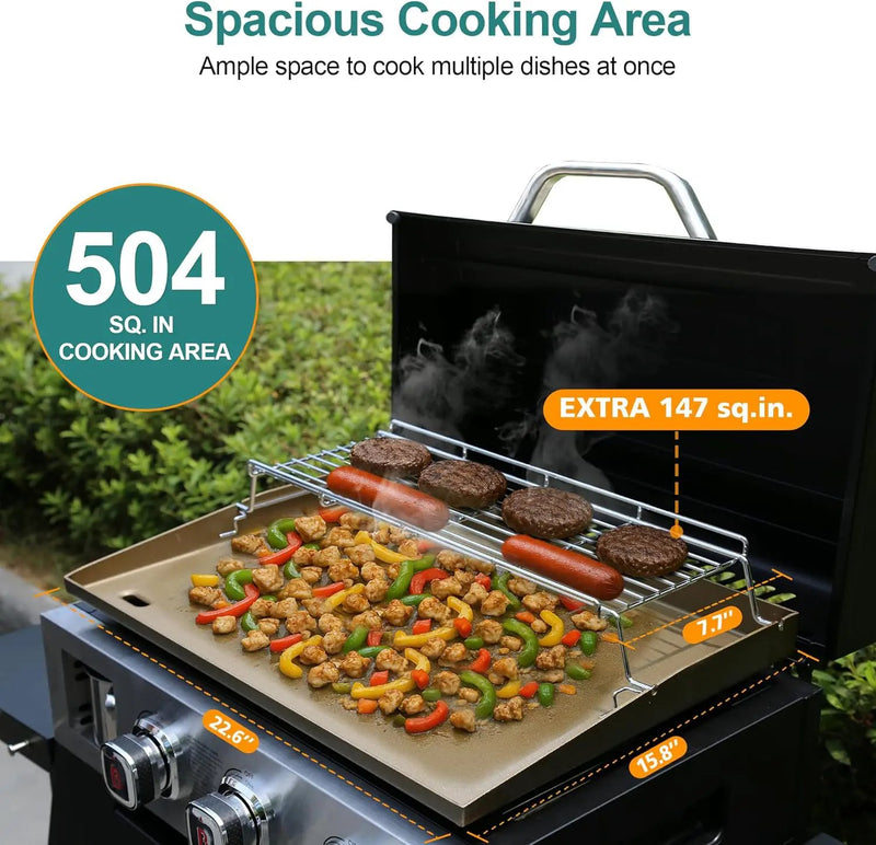 Brand-Man 3-Burner Portable Propane Gas Griddle with Lid - 28,000 BTU Flattop Griddle Grill, 504 Sq. In., Folding Side Tables, Rolling Cart for Outdoor BBQ, Camping, Patio by GreenHaven Gardens