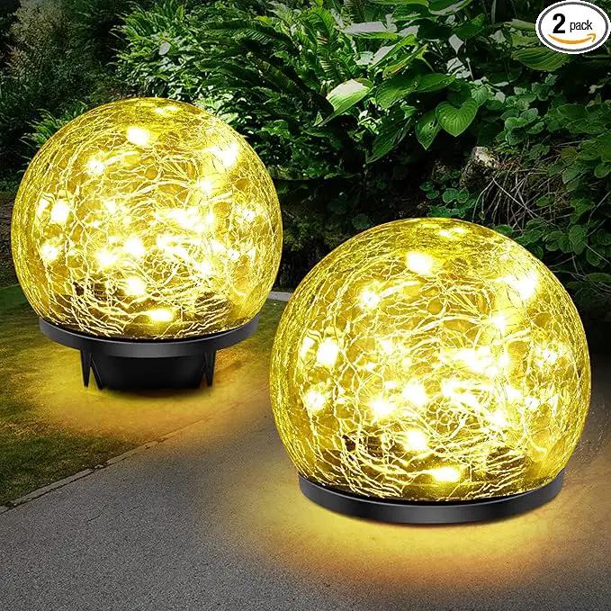 Solar Garden Lights, 2 Pack 60 LED Cracked Glass Solar Globe Lights Outdoor Decoration, Upgraded Waterproof Warm White LED Lights for Yard Pathway Patio Lawn Christmas Outside Decor, 4.73" by GreenHaven Gardens