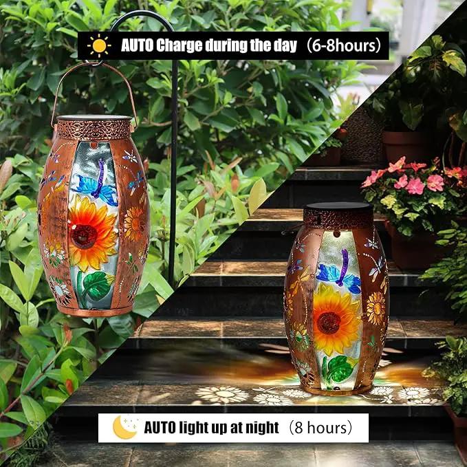 Solar Lanterns Outdoor Hanging Light - Sunflower Dragonfly Solar Powered LED Glass Lights Decorative Waterproof Tabletop Lamp with Hollowed-Out Design for Yard Table Patio Garden Pathway Holiday by GreenHaven Gardens