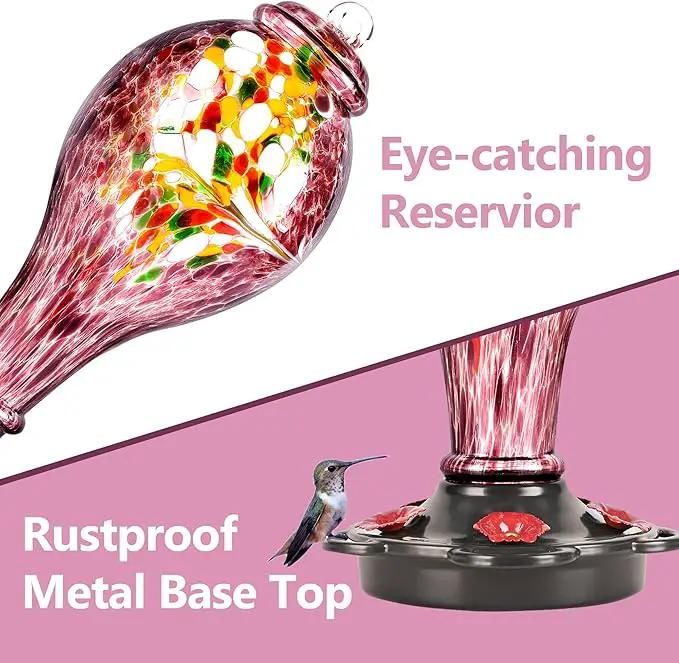 LUJII Hand Blown Glass Hummingbird Feeder for Outdoors Hanging with Ant Guard, 36 fl.oz, Leak Proof & Rustproof, Metal Base with 5 Feeding Ports & 5 Perches, Unique Garden & Backyard Decor (Purple) by GreenHaven Gardens