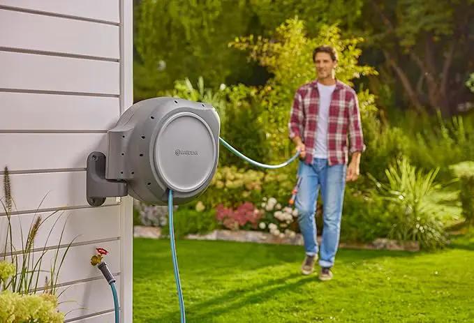 GARDENA 20502, Retractable Garden Hose Reel 75' x 1/2" hose, Wall Mounted, Automatic Retraction & Length Lock for Easy Watering. Heavy Duty Swivel Bracket 180°, Includes Nozzle. Made in Europe by GreenHaven Gardens