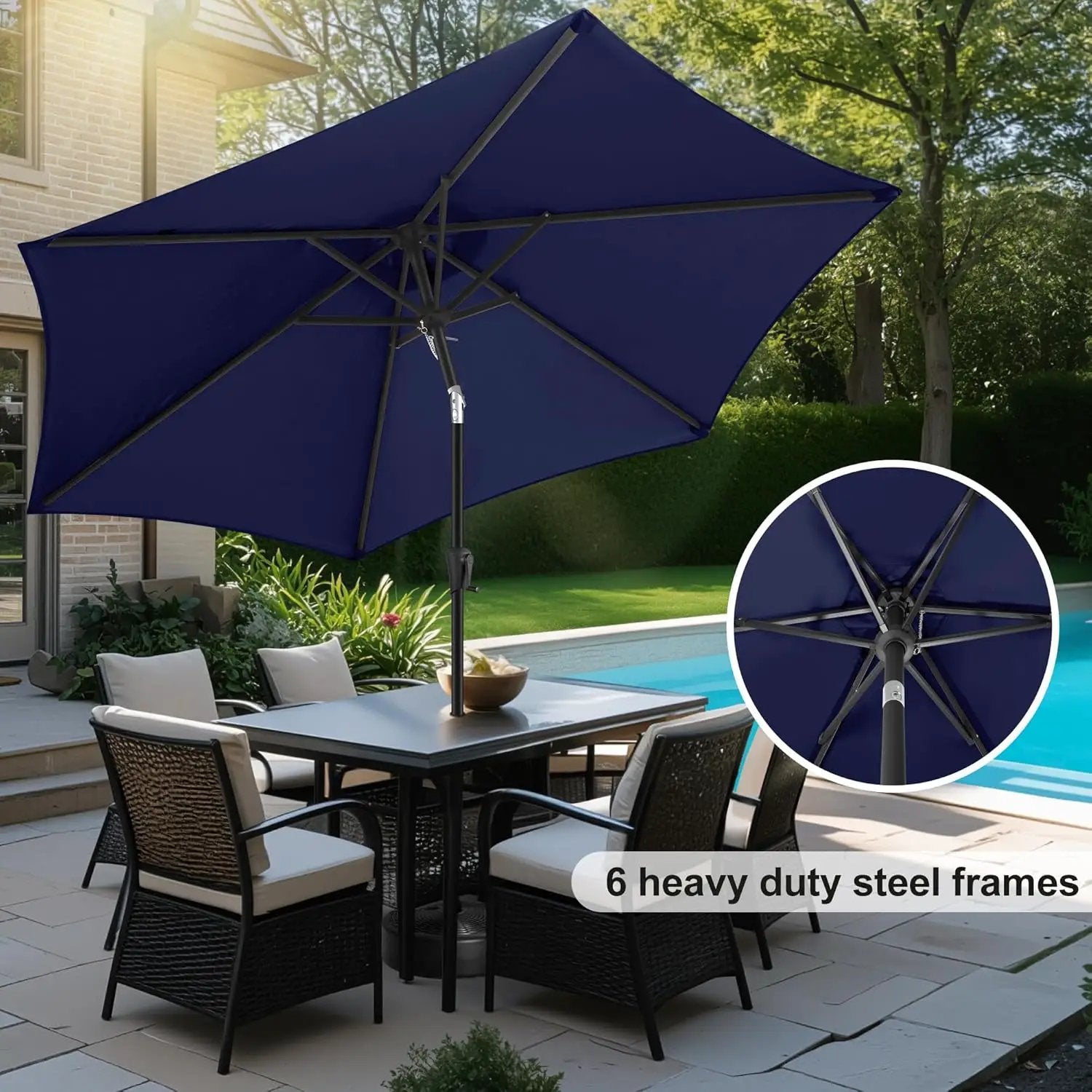 FLAME&SHADE 10ft Patio Umbrella - Outdoor Umbrella with 6 Sturdy Ribs, Push Button Tilt and Crank, UV Protection Table Market Umbrella for Pool, Porch，Garden, Deck, Backyard (Navy Blue) by GreenHaven Gardens