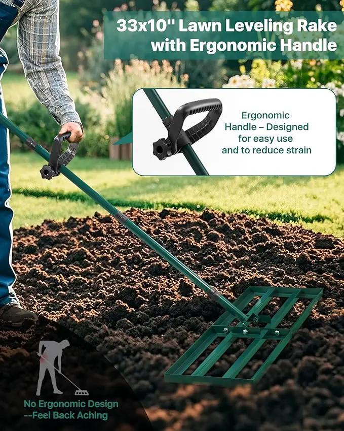Lawn Leveling Rake 33x10'', Yard Leveling Rake with 78'' Back-Saving Adjustable Handle, Stainless Steel Lawn Leveler Tool for Garden, Backyard, Farm, Golf Course by GreenHaven Gardens