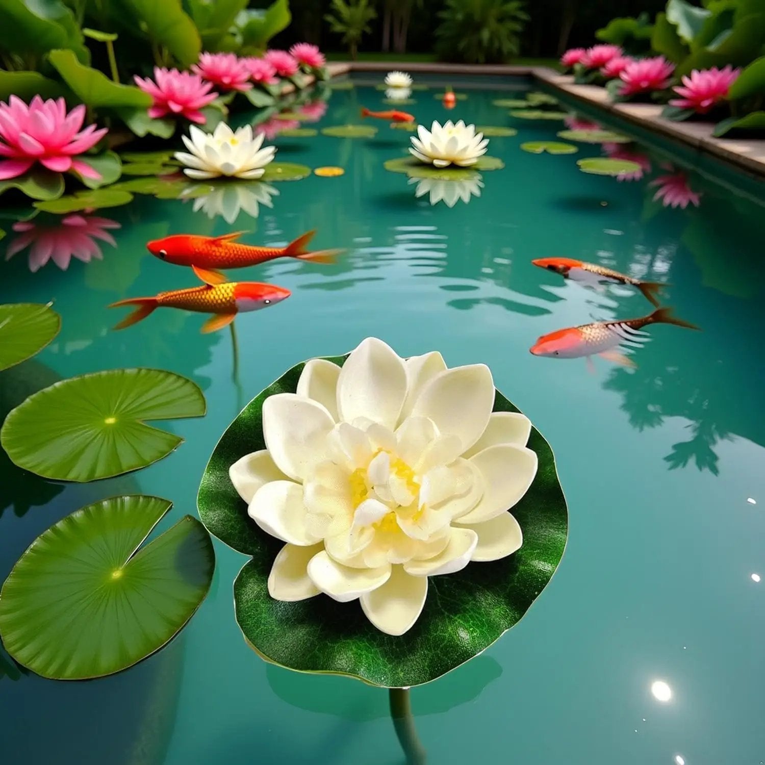 2Pcs White Artificial Floating Foam Lotus Flowers with Water Lily Pad Ornaments,Perfect for Patio Koi Pond Pool Aquarium Home Garden Wedding Party Holiday Decoration Water Gardens and Ponds by GreenHaven Gardens