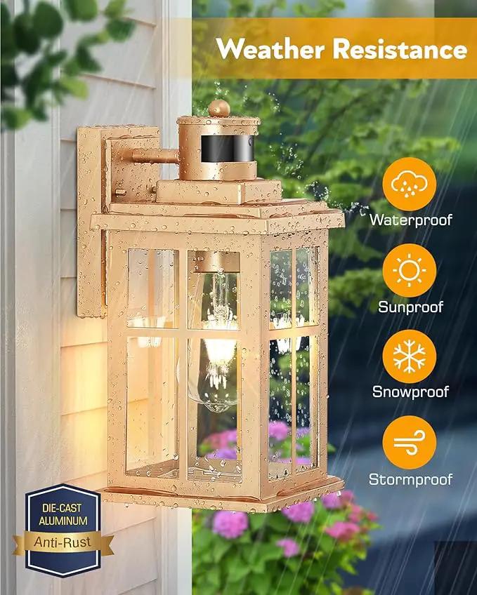 Motion Sensor Outside Lights for House, Modern Dusk to Dawn Outdoor Lighting, 2 Pack Gold Anti-Rust Outdoor Wall Lights with Transparent Glass, Waterproof Outdoor Porch Lights for House, Patio by GreenHaven Gardens