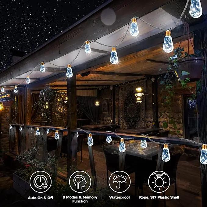 Solar Outdoor String Lights, 2 Pack 20Ft Vintage Rope Hemp Solar Patio Lights, Waterproof White Solar Powered String Lights With 8 Modes 16 Shatterproof Bulbs for Garden Stairs Balcony Café Bistro by GreenHaven Gardens