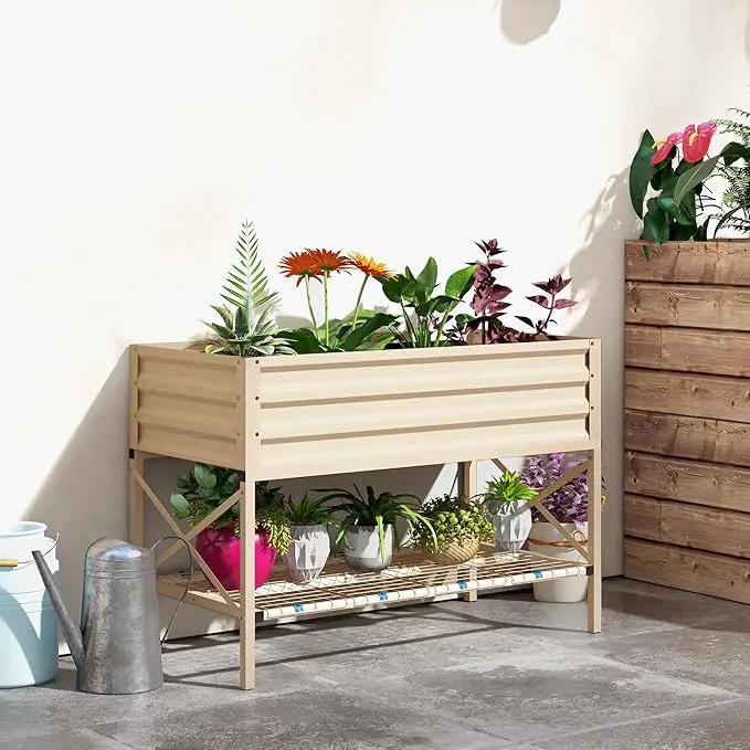 Outsunny Raised Garden Bed with Galvanized Steel Frame, Storage Shelf and Bed Liner, Elevated Planter Box with Legs for Vegetables, Flowers, Herbs, Cream by GreenHaven Gardens