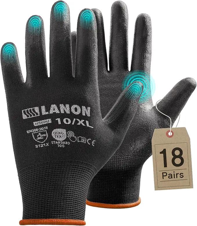 LANON Safety Work Gloves for Men and Women, 18 Pairs Mechanic Black Working Gloves with Grip Odorless PU Coated, Seamless Knit, Full Fingertip Touchscreen for Light Duty Working Gloves, X-Large by GreenHaven Gardens
