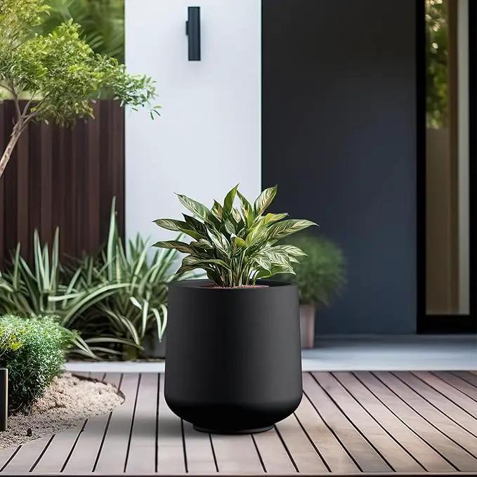 Kante 15.3" Dia Round Concrete Planter, Outdoor Indoor Large Plant Pots Containers with Drainage Hole and Rubber Plug for Home Garden Patio, Black by GreenHaven Gardens