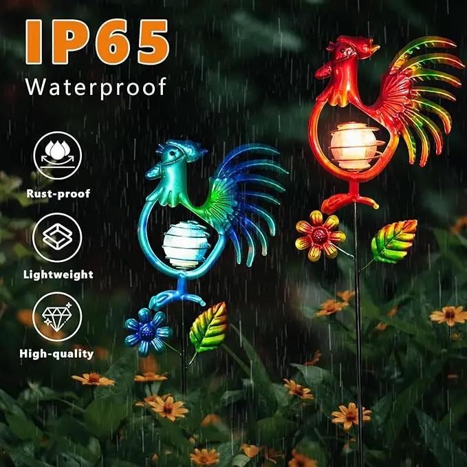 Rooster Solar Garden Lights, 2 Pack Metal Solar Stake Light, 27" H Outdoor Chicken Statues Figurine Lights for Spring Garden Lawn Patio Yard Decoration by GreenHaven Gardens