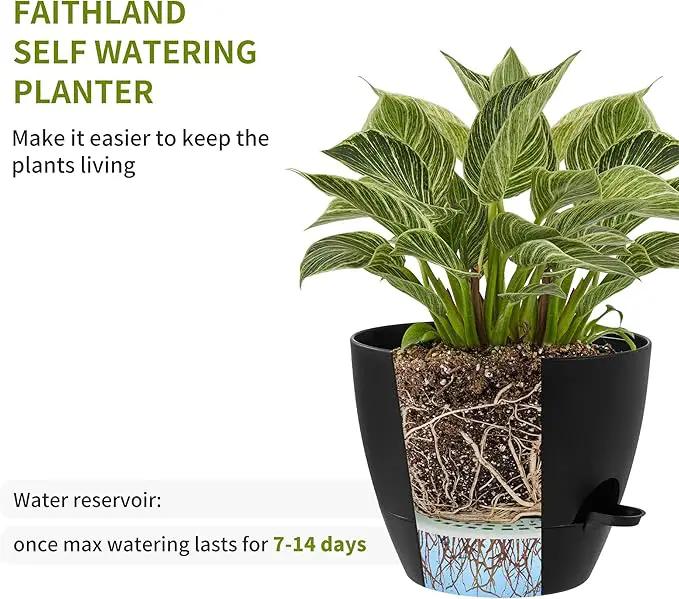 FaithLand 3-Pack Large Planter Pots, 12 10 9 Inch Self Watering Flower Pots for Indoor Outdoor Garden Plants, Black with Brown by GreenHaven Gardens