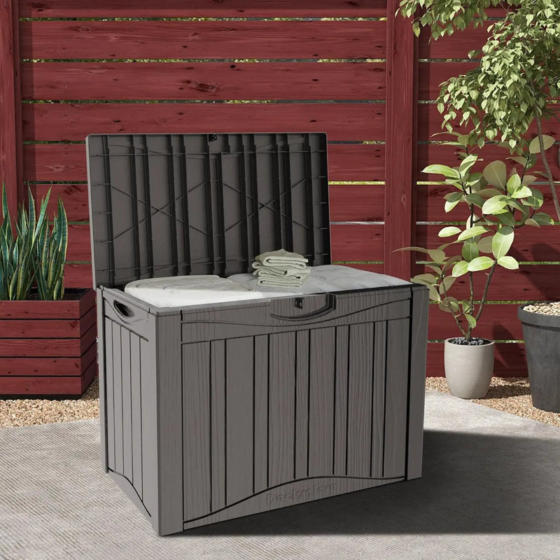 50GAL Brown Deck Box with Special Pattern & Lock Hole – Waterproof, SGS - Approved UV Resistance, Stylish Storage for Outdoor Cushions & Decor, Effortless Assembly by GreenHaven Gardens