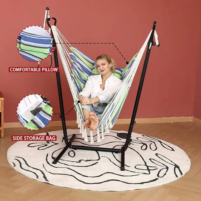 ZEYU Hammock Chair with Stand Double Hammock Chair Bohemian Style with Tassel Mobile Phone Support Manual Adjustable Swing Indoor and Outdoor Garden Porch with Floor mat Reclining Capacity 400 pounds by GreenHaven Gardens