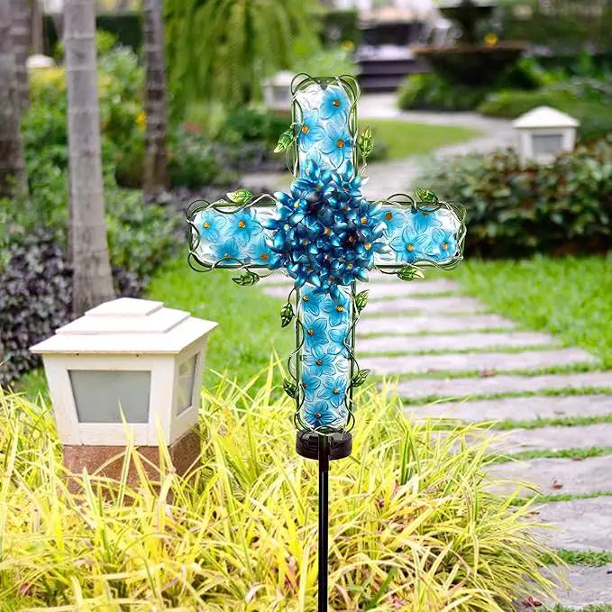 Solar Cross Garden Lights Outdoor Decorative - Solar Metal&Glass Cross Blue Hydrangea Flower Stake Lights- Waterproof 20 Warm White LED for Remembrance Gifts by GreenHaven Gardens