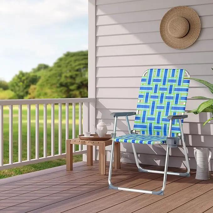 VINGLI Aluminum Patio Lawn Chairs Folding Set of 2 with Detachable Cup Holder, Webbed Beach Chair Folding Chair Outdoor Portable Camping Chair for Yard, Garden Blue alulawnchair by GreenHaven Gardens