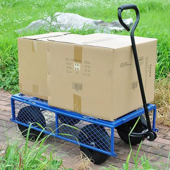 Heavy Duty 480 Lbs Capacity Mesh Steel Garden Cart Folding Utility Wagon with Removable Sides (Blue) by GreenHaven Gardens