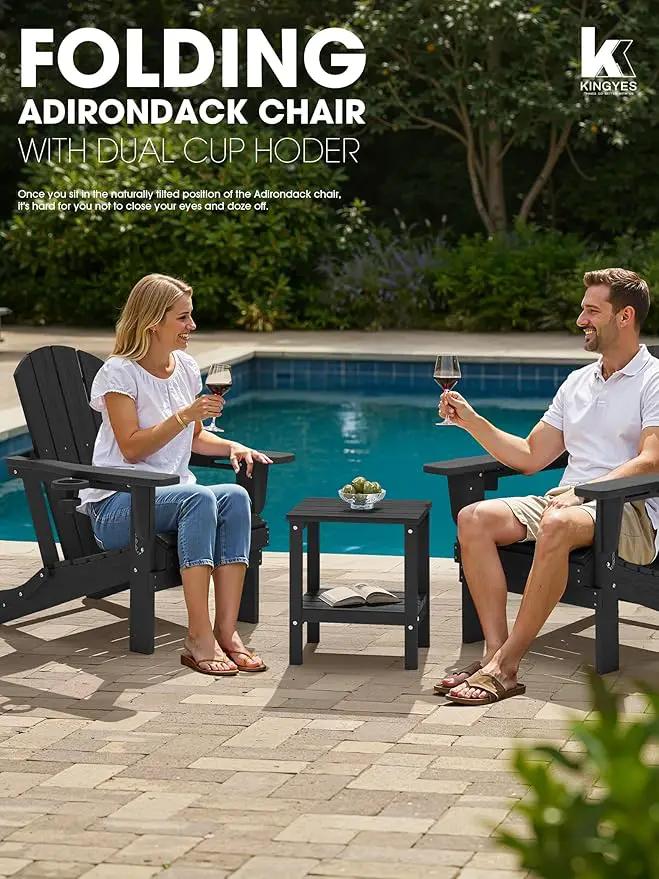 KINGYES Folding Adirondack Chair Set of 8, Dual Cup Holders & All-Weather HDPE, Wood-Like Patio Chair for Backyard, Camping, Pool & Fire Pit, Black by GreenHaven Gardens