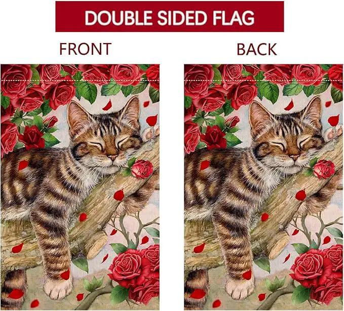 BLKWHT Valentines Cat House Flag 28 x 40 Vertical Double Sided Red Roses Spring Farmhouse Holiday Outside Decorations Burlap Yard Flag BW757-40 by GreenHaven Gardens
